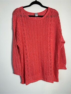 Chicos Open Knit Sweater Size 3 XL Coral Orange Cotton Blend Pullover Slouchy